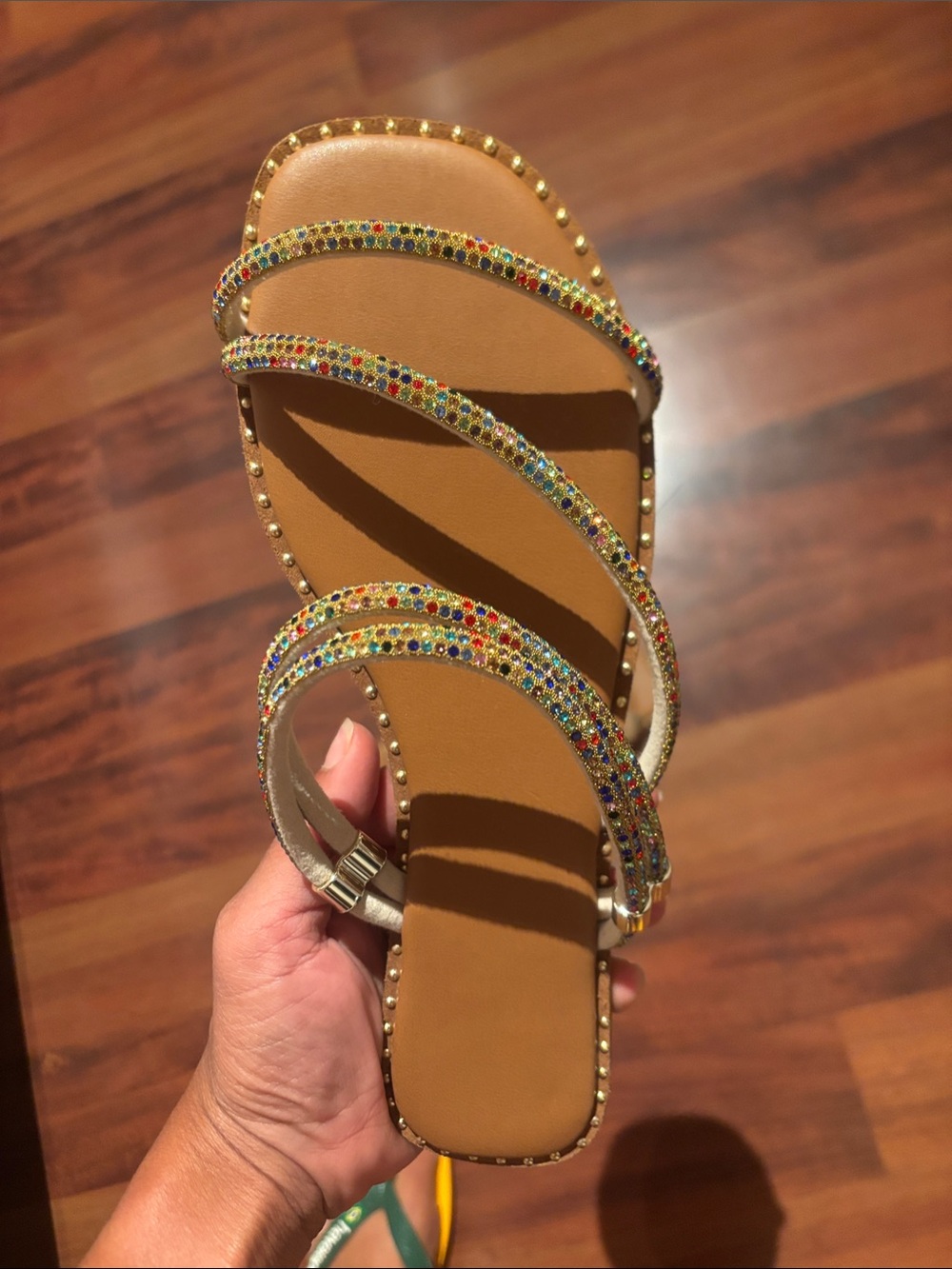 Women’s Tan Strappy Sandals with Multicolor Rhinestones